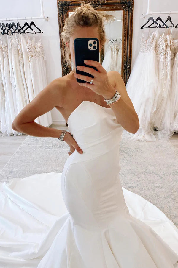 Buyishang White Strapless Satin Long Mermaid Wedding Dress