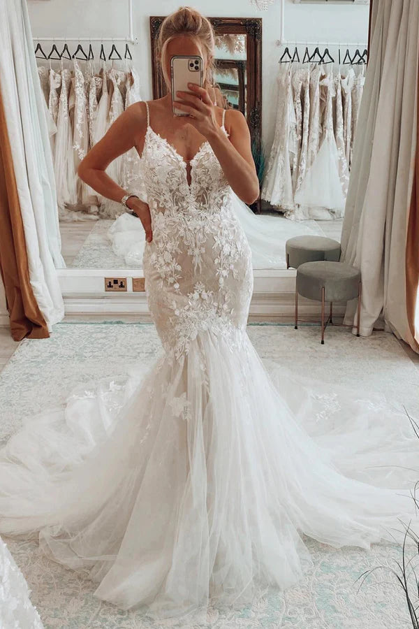 Buyishang Ivory Mermaid Tulle Spaghetti Straps Long Wedding Dress