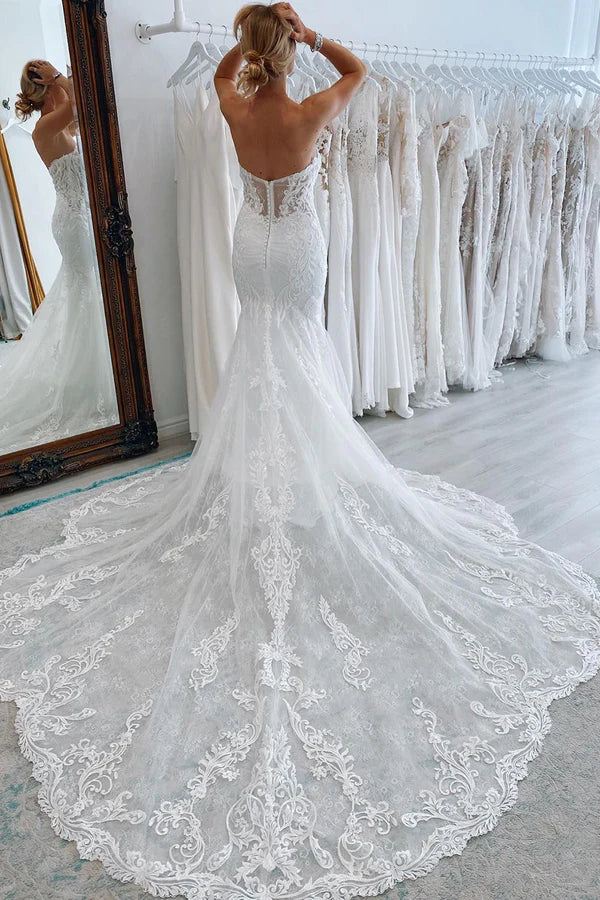 Buyishang White Long Tulle Mermaid Wedding Dress with Lace Appliques