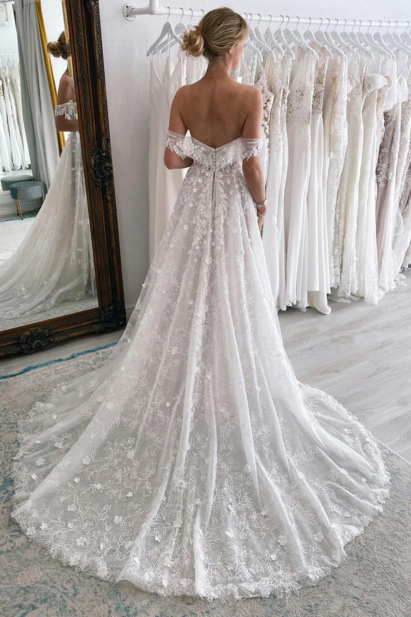 Buyishang Ivory Off the Shoulder Long Lace Mermaid Wedding Dress with Appliques
