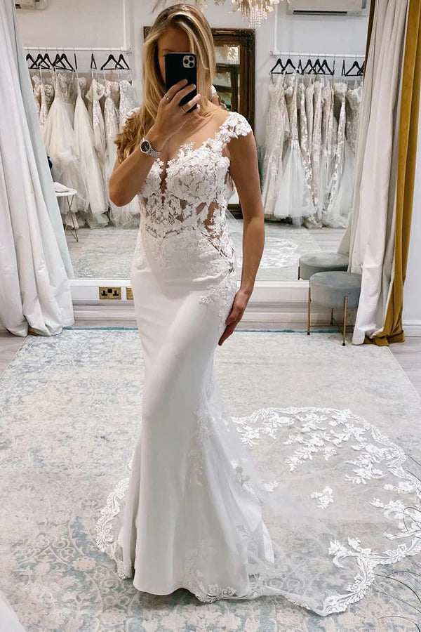 Buyishang White Mermaid Deep V-Neck Backless Long Wedding Dress with Lace