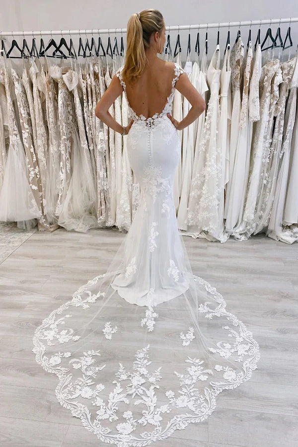 Buyishang White Mermaid Deep V-Neck Backless Long Wedding Dress with Lace