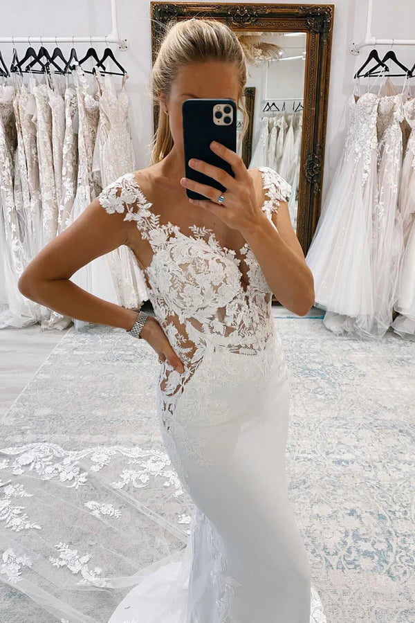 Buyishang White Mermaid Deep V-Neck Backless Long Wedding Dress with Lace
