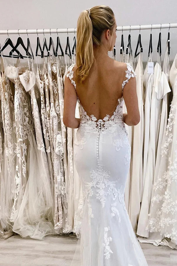 Buyishang White Mermaid Deep V-Neck Backless Long Wedding Dress with Lace