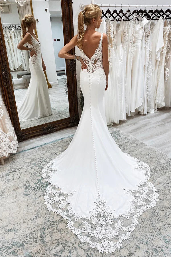 Buyishang Mermaid White Deep V-Neck Long Wedding Dress with Lace Appliques
