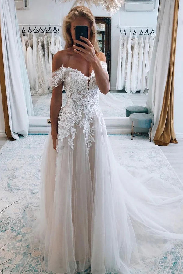 Buyishang A-Line Ivory Off the Shoulder Long Wedding Dress with Lace Appliques