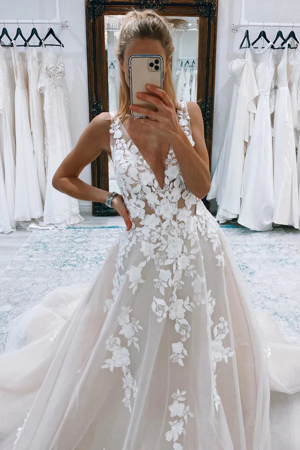 Buyishang Ivory A-Line Ivory V-Neck Long Tulle Wedding Dress with Appliques