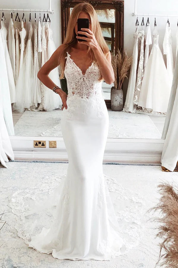 Buyishang White Mermaid Lace Long Backless Wedding Dress with Button