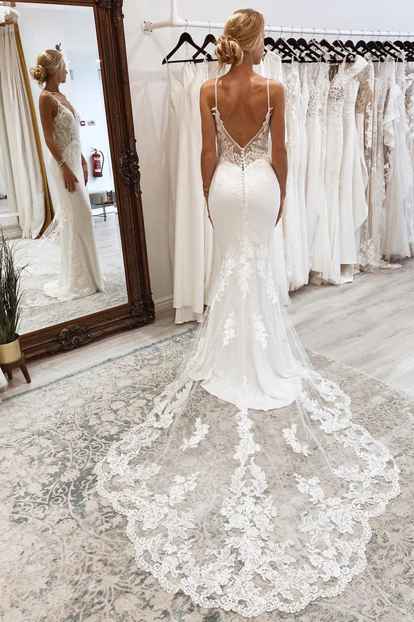 Buyishang White Mermaid Lace Long Backless Wedding Dress with Button