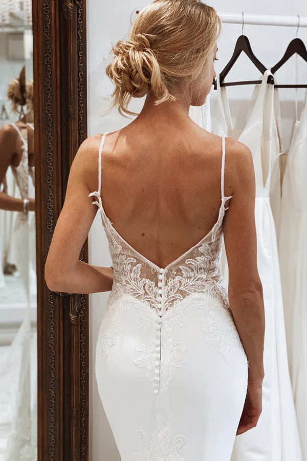 Buyishang White Mermaid Lace Long Backless Wedding Dress with Button