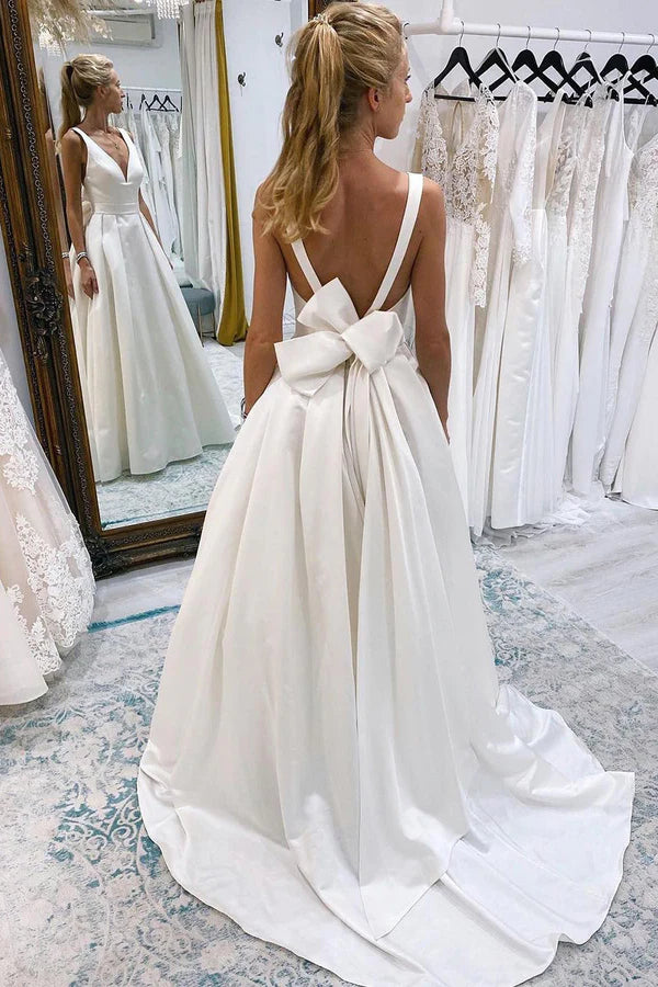Buyishang Ivory A-Line Deep V-Neck Long Wedding Dress with Bowknot