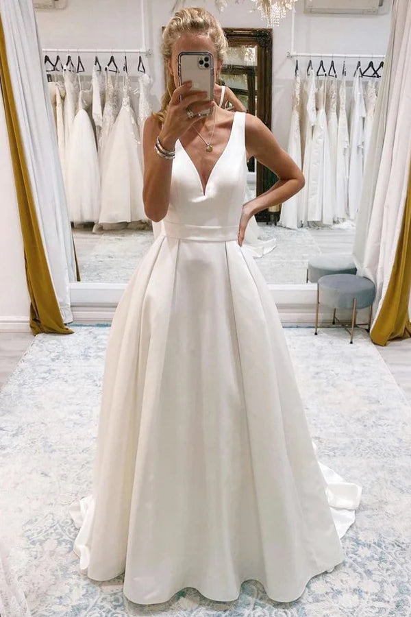 Buyishang Ivory A-Line Deep V-Neck Long Wedding Dress with Bowknot