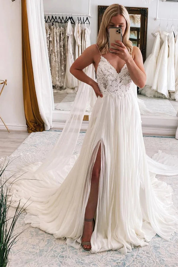 Buyishang Ivory A-Line Watteau Train Boho Long Chiffon Wedding Dress with Lace