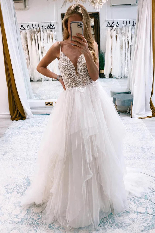 Buyishang Ivory A-Line Backless Tulle Long Wedding Dress with Appliques