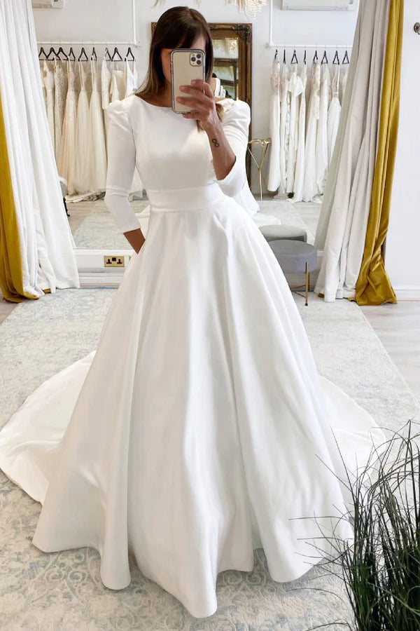Buyishang White Vintage A-Line Long Satin Bateau-Neck Wedding Dress