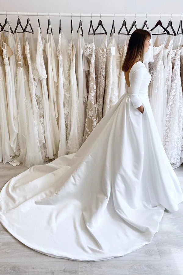 Buyishang White Vintage A-Line Long Satin Bateau-Neck Wedding Dress