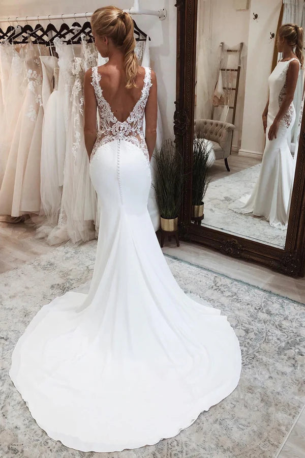 Buyishang White Long Mermaid Boho Wedding Dress with Appliqued
