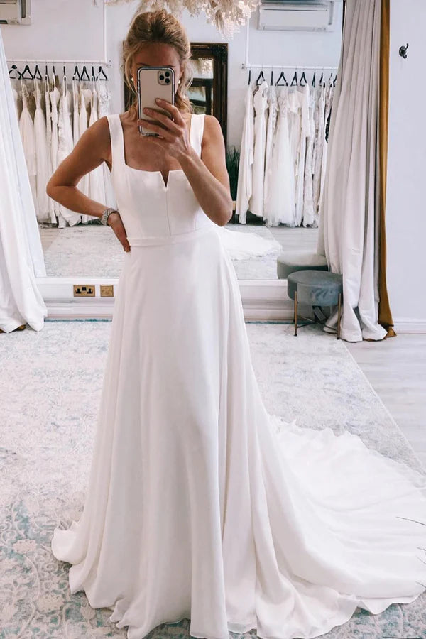 Buyishang Simple White Square Neck Boho Long Chiffon Wedding Dress