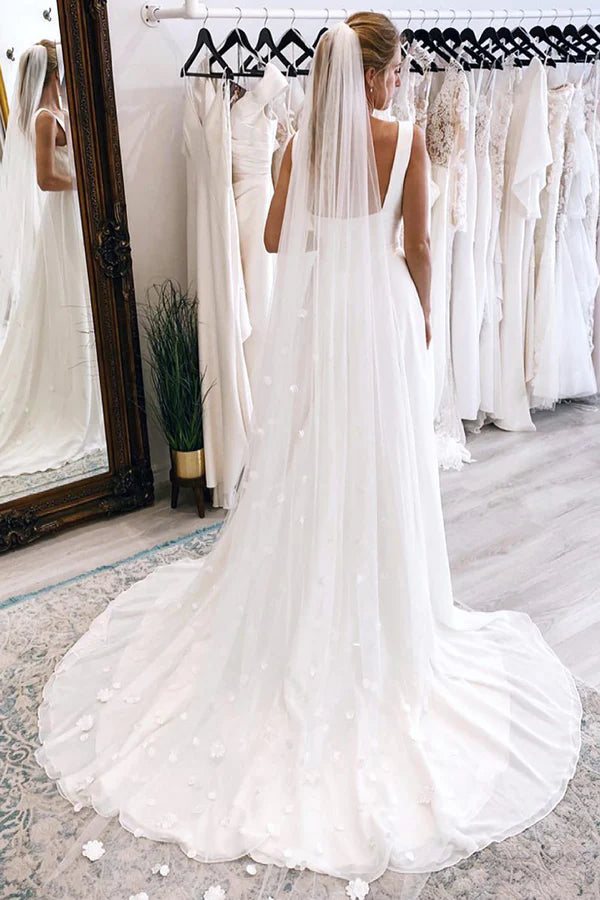 Buyishang Simple White Square Neck Boho Long Chiffon Wedding Dress