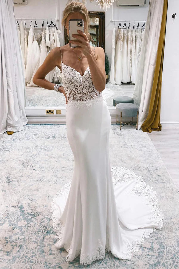 Buyishang White Mermaid Sweep Train Boho Long Mermaid Wedding Dress with Appliques