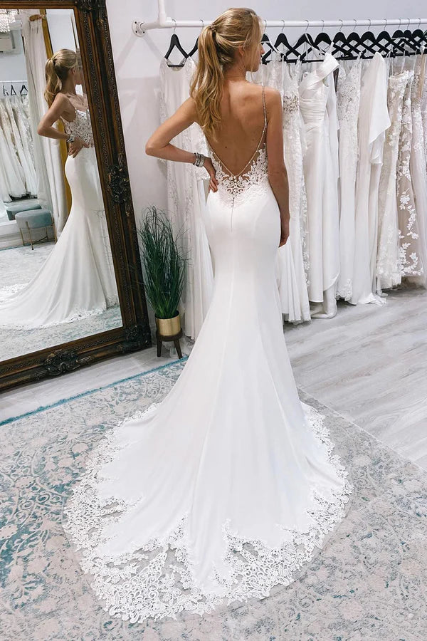 Buyishang White Mermaid Sweep Train Boho Long Mermaid Wedding Dress with Appliques