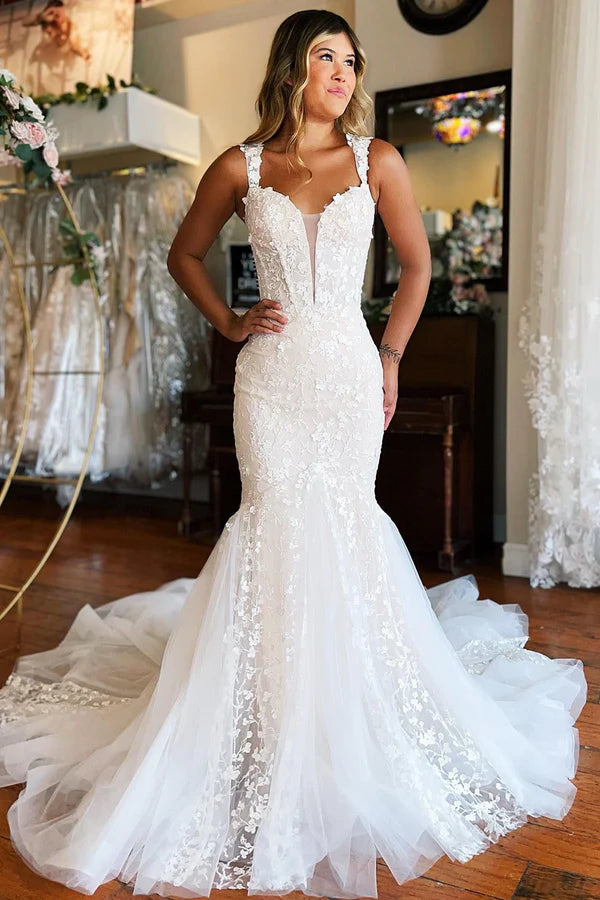 Buyishang Mermaid White Lace Sweep Train Long Wedding Dress with Appliques