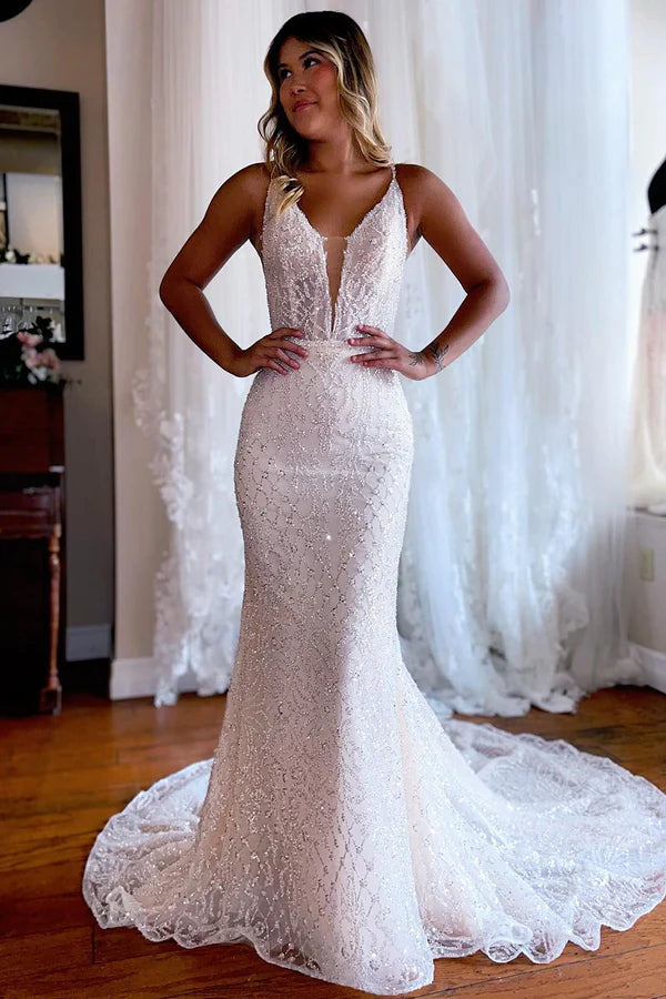 Buyishang Sparkly Mermaid White Lace Backless Sweep Train Long Wedding Dress