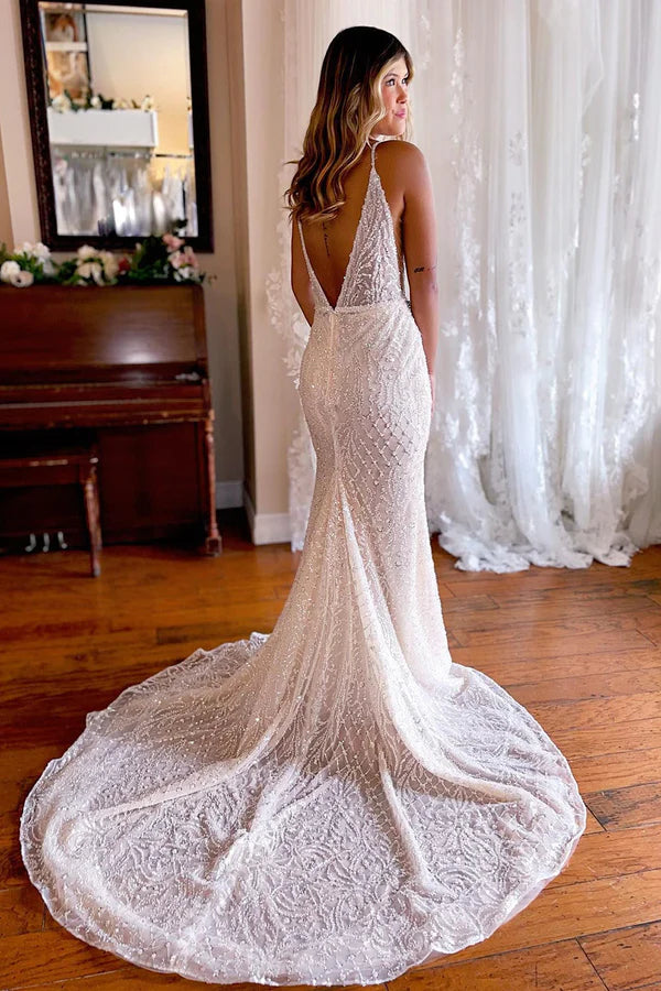 Buyishang Sparkly Mermaid White Lace Backless Sweep Train Long Wedding Dress
