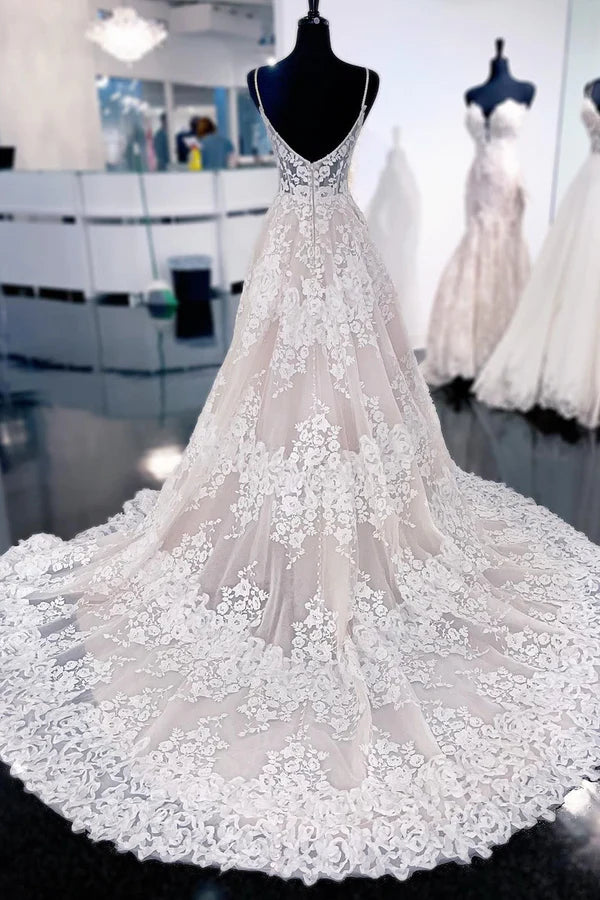 Buyishang Ivory Lace A-Line Sweep Train Long Wedding Dress