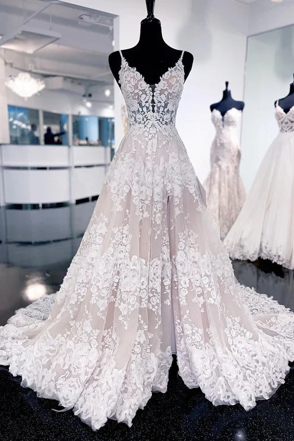 Buyishang Ivory Lace A-Line Sweep Train Long Wedding Dress