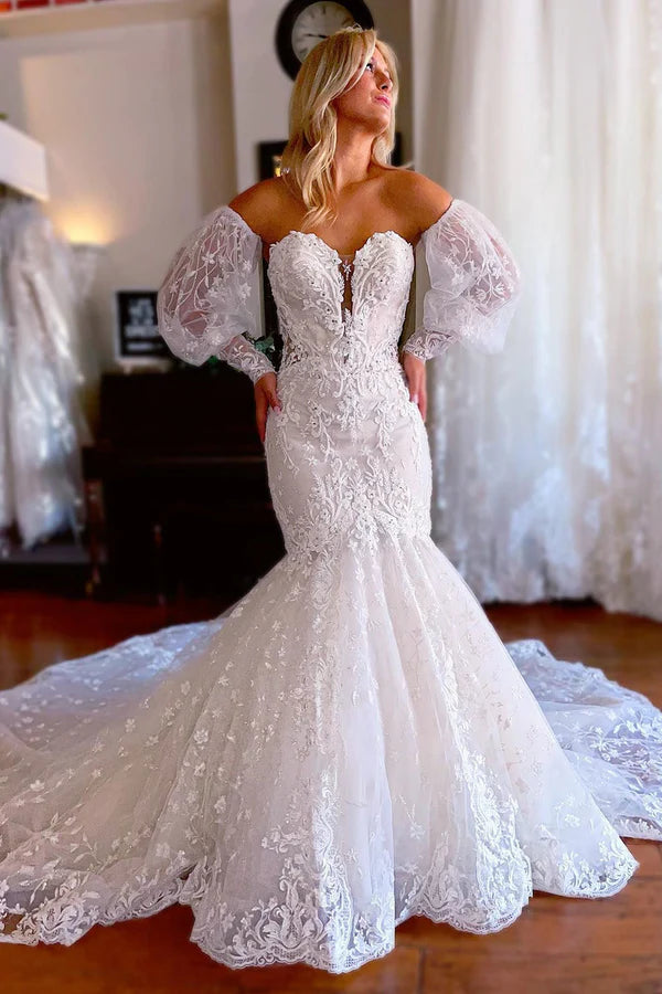 Buyishang Sparkly White Mermaid Detachable Long Sleeves Lace Wedding Dress