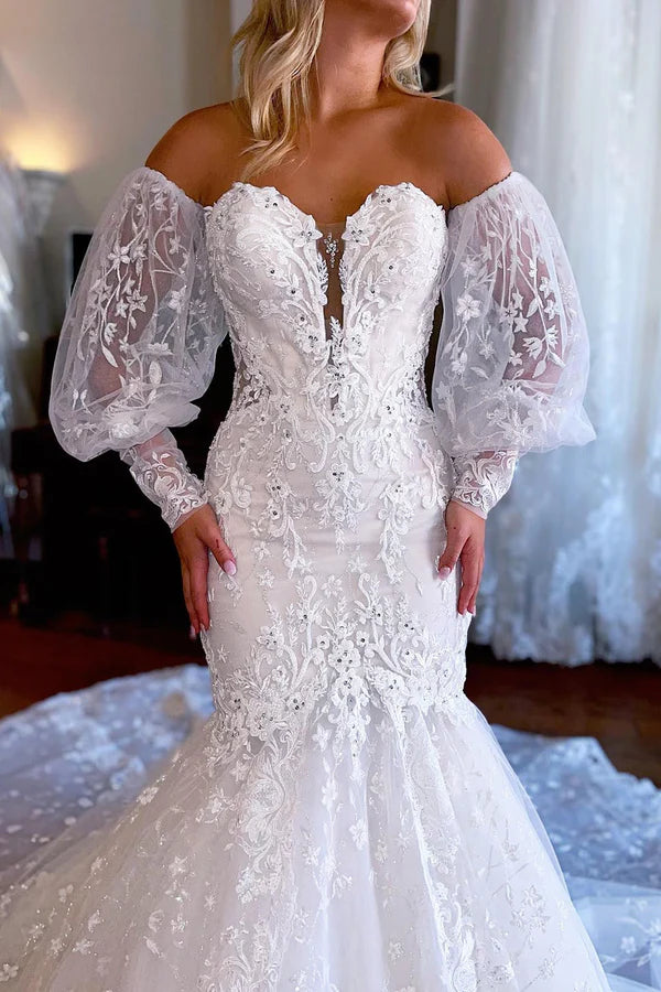Buyishang Sparkly White Mermaid Detachable Long Sleeves Lace Wedding Dress