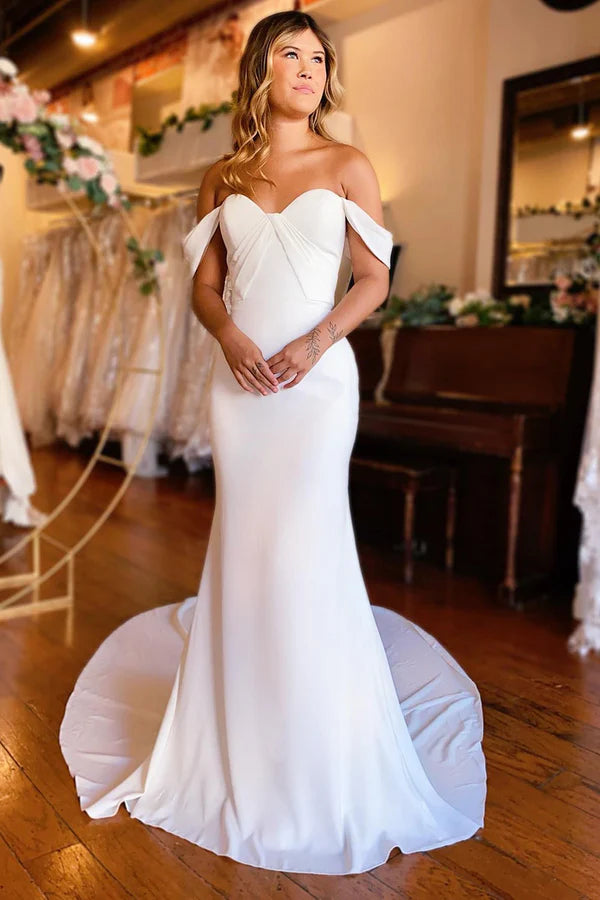 Buyishang Simple White Mermaid Off-the-Shoulder Boho Wedding Dress