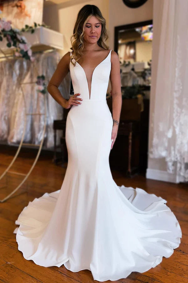 Buyishang Simple White Mermaid Backless Boho Wedding Dress