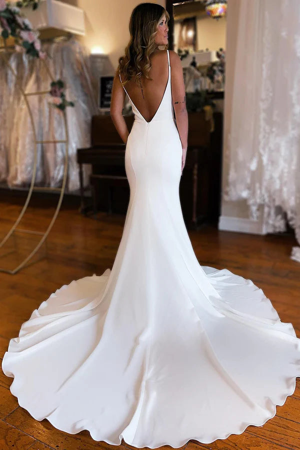 Buyishang Simple White Mermaid Backless Boho Wedding Dress