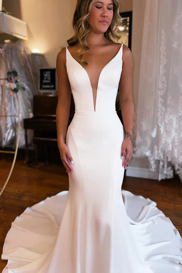 Buyishang Simple White Mermaid Backless Boho Wedding Dress