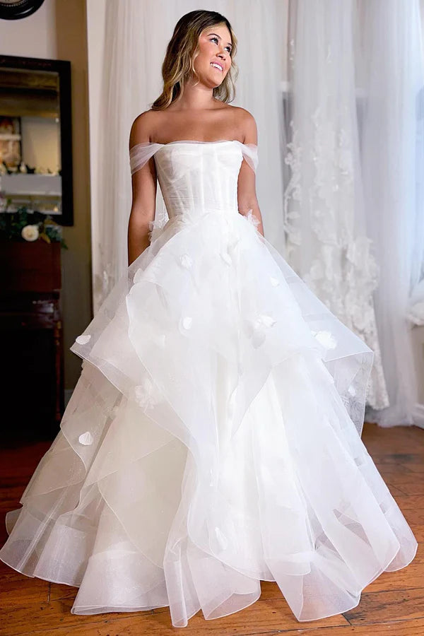 Buyishang Simple White Corset A-Line Wedding Dress with Appliques