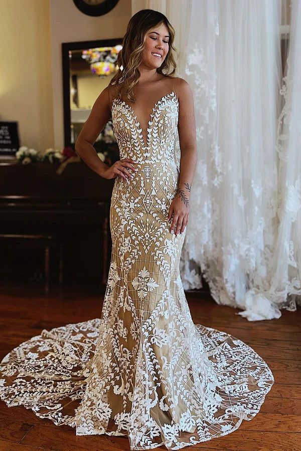 Buyishang Champagne Illusion Boat Neck Mermaid Long Lace Wedding Dress