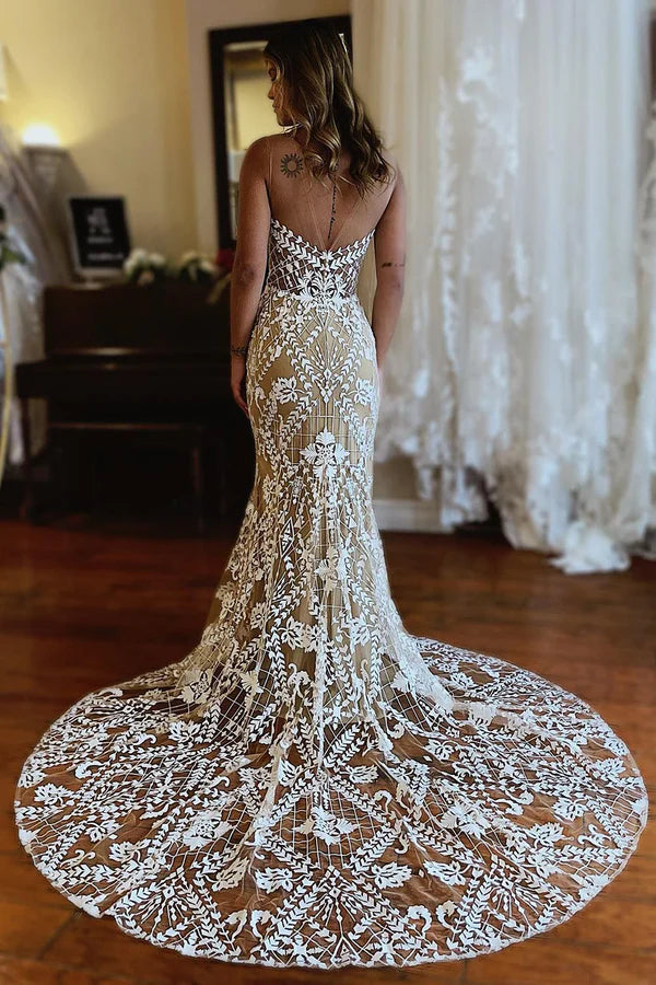 Buyishang Champagne Illusion Boat Neck Mermaid Long Lace Wedding Dress