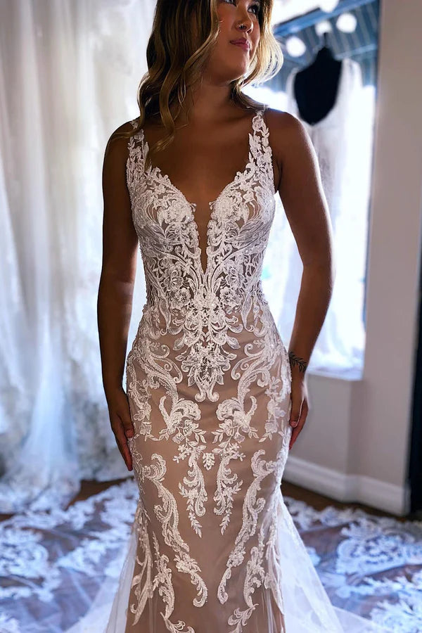 Buyishang Champagne V-Neck Mermaid Long Lace Wedding Dress
