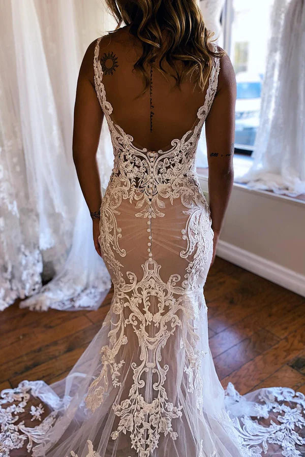 Buyishang Champagne V-Neck Mermaid Long Lace Wedding Dress