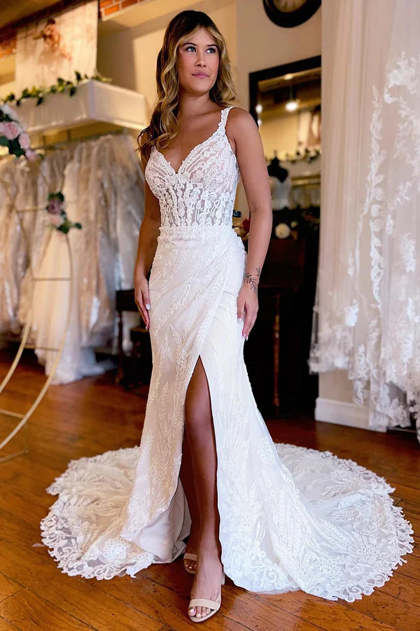 Buyishang White V-Neck Sheath Long Lace Wedding Dress with Slit