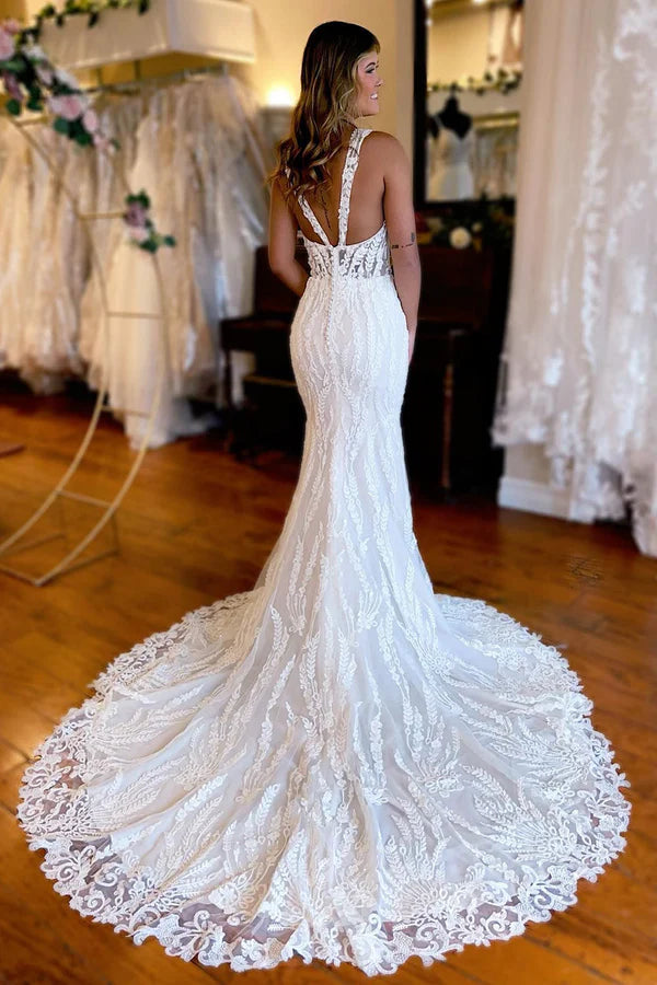 Buyishang White V-Neck Sheath Long Lace Wedding Dress with Slit