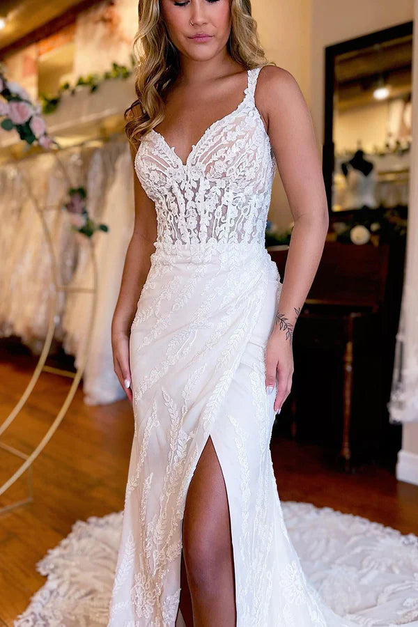 Buyishang White V-Neck Sheath Long Lace Wedding Dress with Slit