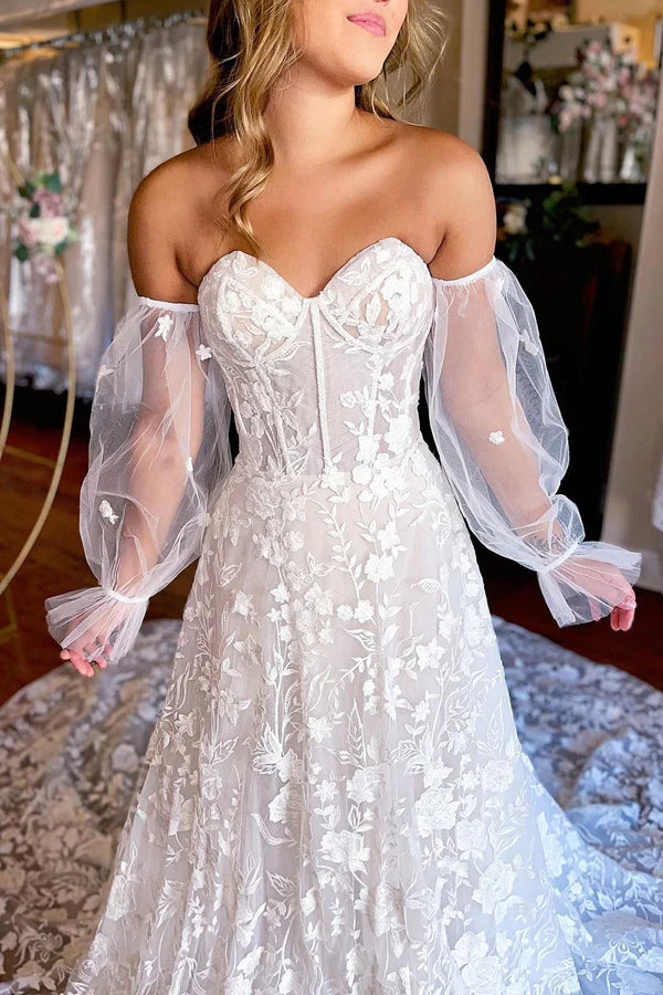 Buyishang A-Line Ivory Sweetheart Corset Detachable Long Sleeves Long Lace Wedding Dress