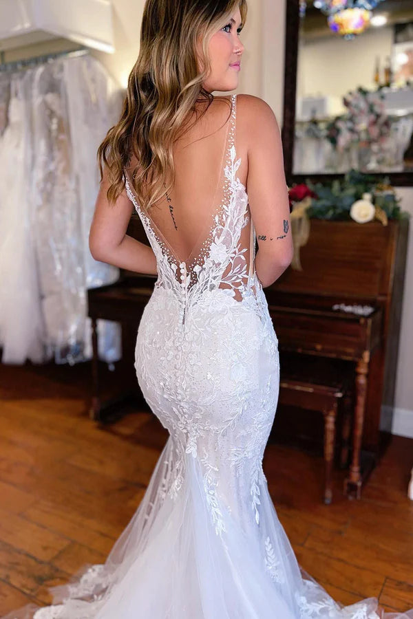 Buyishang White V-Neck Mermaid Long Lace Wedding Dress