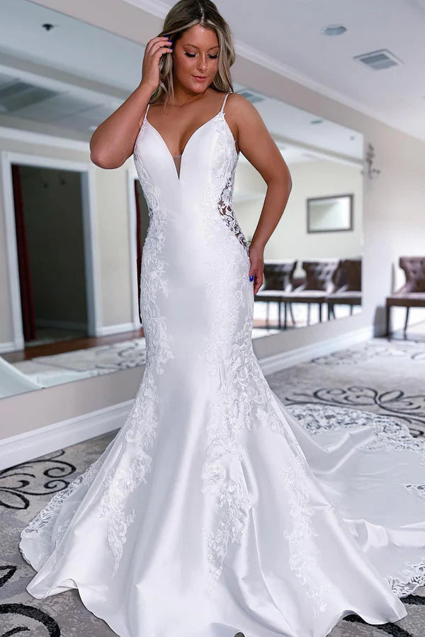 Buyishang White Mermaid Long Satin Wedding Dress with Appliqued