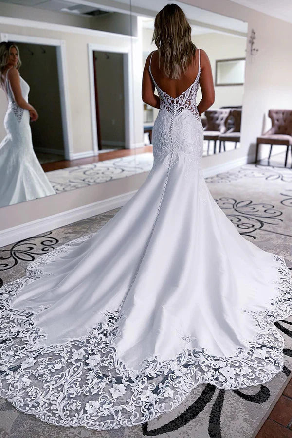 Buyishang White Mermaid Long Satin Wedding Dress with Appliqued