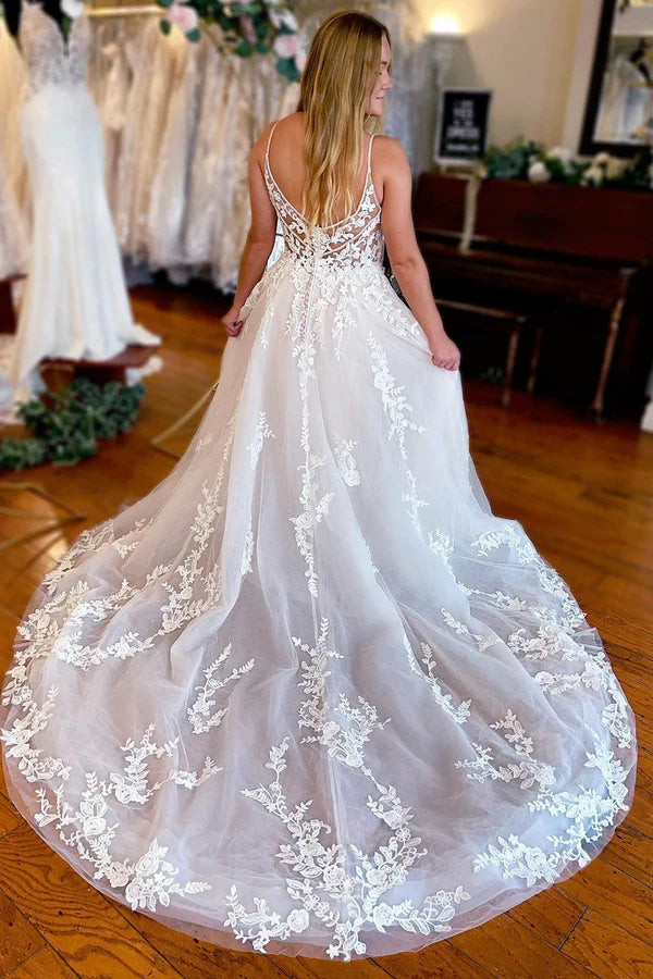 Buyishang Ivory A-Line Spaghetti Straps Long Lace Wedding Dress
