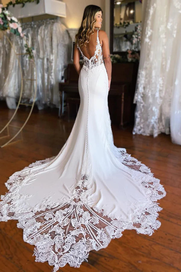 Buyishang White Boho Mermaid Spaghetti Straps Long Wedding Dress with Lace